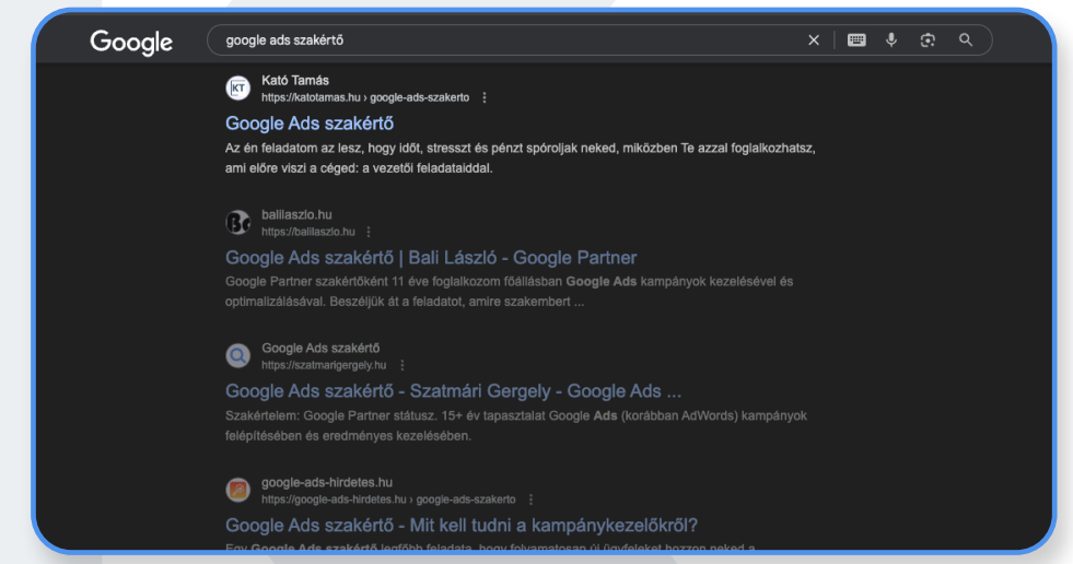 Kató Tamás Google Ads szakértő kulcsszóra SEO 1. hely